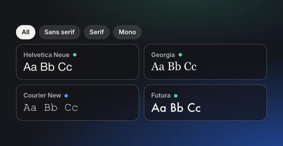 Font cards for Helvetica Neue, Georgia, Courier New and Futura under All, Sans serif, Serif and Mono filters.