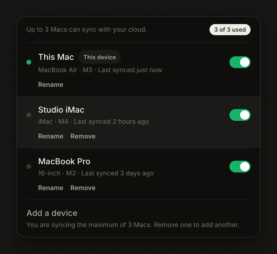Typecast settings, Devices: up to 3 Macs can sync with your cloud. This Mac, Studio iMac and MacBook Pro, each with a sync switch. 3 of 3 used.