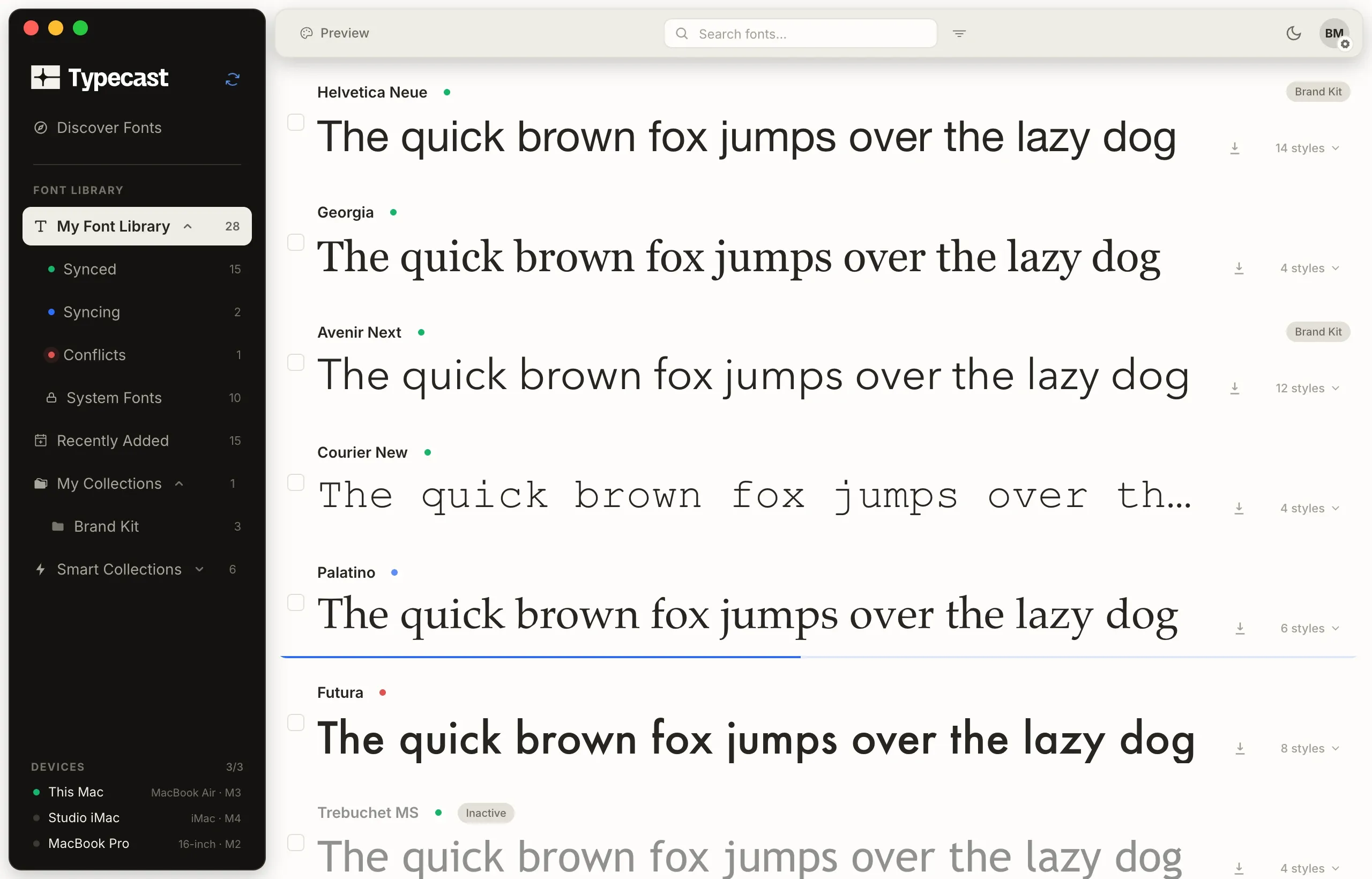 The Typecast window: a sidebar with the font library, collections, smart collections and three devices, and a list of fonts each shown in its own typeface with a sync status dot.