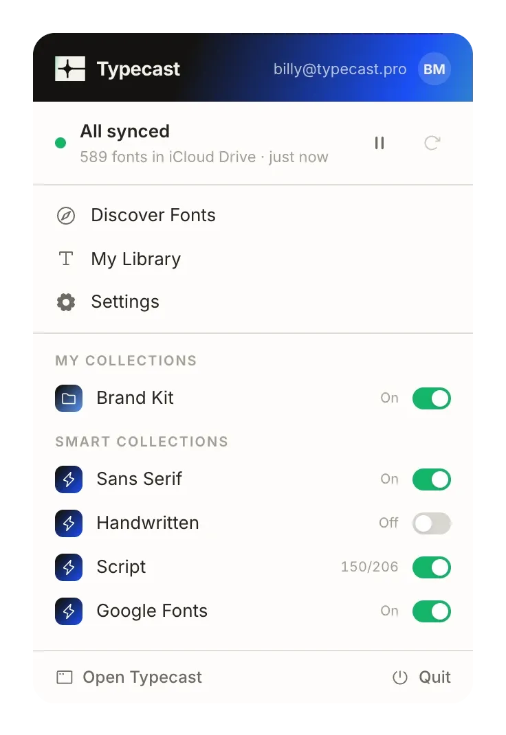The Typecast menu bar panel: All synced, 589 fonts in iCloud Drive, links to Discover Fonts, My Library and Settings, and switches for Brand Kit, Sans Serif, Handwritten, Script and Google Fonts.
